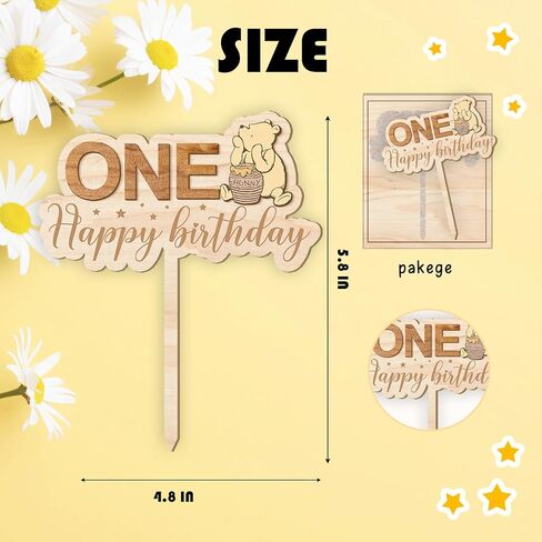Winnie Cake Topper-Pooh Baby Shower Decorations-One Cake Topper,First Birthday Cake Topper-Wooden Cake Decoration-Cupcake Toppers Classic Winnie Birthday Decorations,One in Saudi Arabia