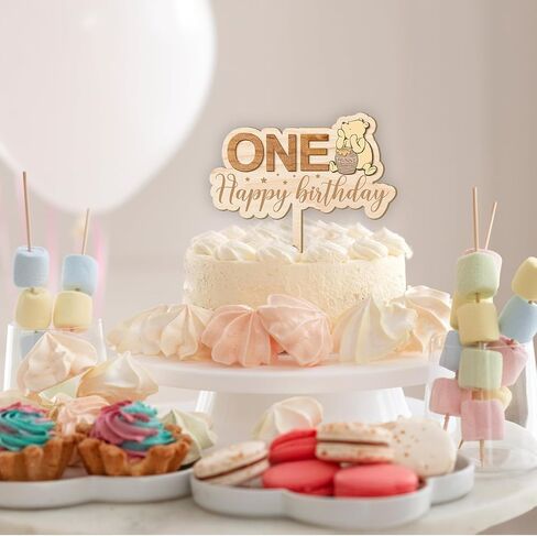 Winnie Cake Topper-Pooh Baby Shower Decorations-One Cake Topper,First Birthday Cake Topper-Wooden Cake Decoration-Cupcake Toppers Classic Winnie Birthday Decorations,One in Saudi Arabia