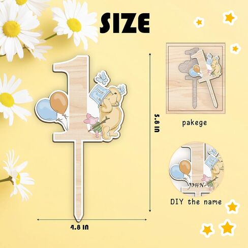 Winnie Cake Topper-Pooh Baby Shower Decorations-One Cake Topper,First Birthday Cake Topper-Wooden Cake Decoration-Cupcake Toppers Classic Winnie Birthday Decorations,One in Saudi Arabia