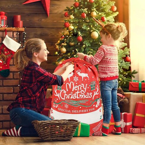 أكياس سانتا كبيرة برباط لعيد الميلاد، أكياس عيد الميلاد مقاس 20 × 27 بوصة للهدايا، حقيبة سانتا كبيرة قابلة لإعادة الاستخدام من القطن لعطلة عيد الميلاد (أحمر) in Saudi Arabia