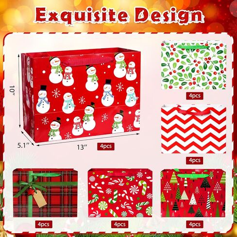 12 Pcs 13" Extra Large Kraft Paper Christmas Gift Bags Bulk with Handles Snowman Christmas Tree Holly Plaid Shopping Tote Bags for Xmas Holiday Gift Goodie Treat and Party Favors,6 Patterns in Saudi Arabia