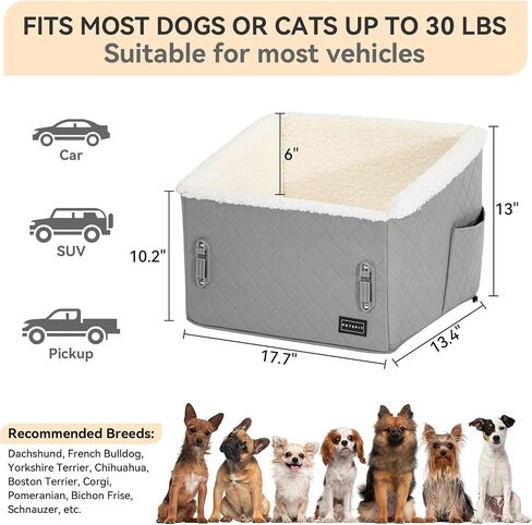 PETSFIT Small Dog Car Seat, Soft Foam Dog Booster Car Seat with Patented Safety Buckles, Storage Pockets and Detachable Clip-On Safety Leash, Dog Car Seat for Medium Dogs 30 LBS (Grey) in Saudi Arabia