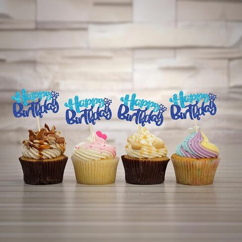 Ephlyn 24Pcs Happy Birthday Cupcake Toppers Double Layer Glitter Happy Birthday Cake Decorations for Celebrating Baby Shower Theme Kids Boys Girls Birthday Anniversary Party Supplies Rose Red Pink in Saudi Arabia