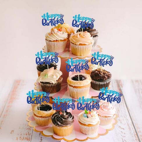 Ephlyn 24Pcs Happy Birthday Cupcake Toppers Double Layer Glitter Happy Birthday Cake Decorations for Celebrating Baby Shower Theme Kids Boys Girls Birthday Anniversary Party Supplies Rose Red Pink in Saudi Arabia