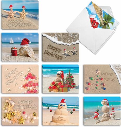 The Best Card Company - مجموعة متنوعة من 20 بطاقة عيد الميلاد على الشاطئ (10 تصميمات، 2 لكل منها) مع مغلفات، بطاقة ملاحظات للطقس الدافئ (4 × 5.12 بوصة) - Season's Beachin AM6651XSG-B2x10 in Saudi Arabia