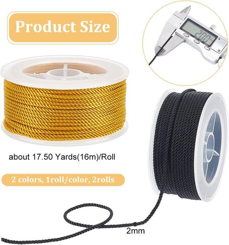 OLYCRAFT 54.7 Yards/50m 2.5mm Twisted Nylon Cord 3-ply Satin Nylon Trim Cord Macrame Thread String Cord Braided Beading Cord Chinese Knotting Cord for DIY Crafts Bracelet Jewelry Making - Black & Gold in Saudi Arabia