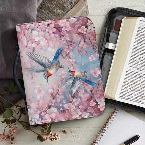 Cherry Blossom Hummingbird Printed Bible Case Covers PU Leather Bible Carrying Holder Bag with Handle and Zipper Pocket Bible Cover, XL in Saudi Arabia