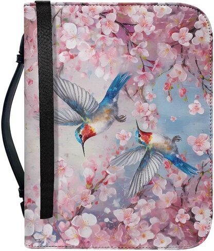 Cherry Blossom Hummingbird Printed Bible Case Covers PU Leather Bible Carrying Holder Bag with Handle and Zipper Pocket Bible Cover, XL in Saudi Arabia