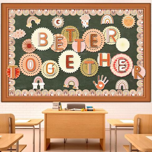 Qilery 64 Pcs Boho Diversity Bulletin Board Decorations Together Bulletin Board Cutouts Paper Fans Rainbow Border Growth Mindset Bulletin Board for Back to School Diversity Classroom Decoration in Saudi Arabia