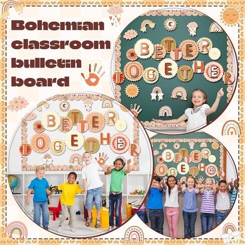 Qilery 64 Pcs Boho Diversity Bulletin Board Decorations Together Bulletin Board Cutouts Paper Fans Rainbow Border Growth Mindset Bulletin Board for Back to School Diversity Classroom Decoration in Saudi Arabia