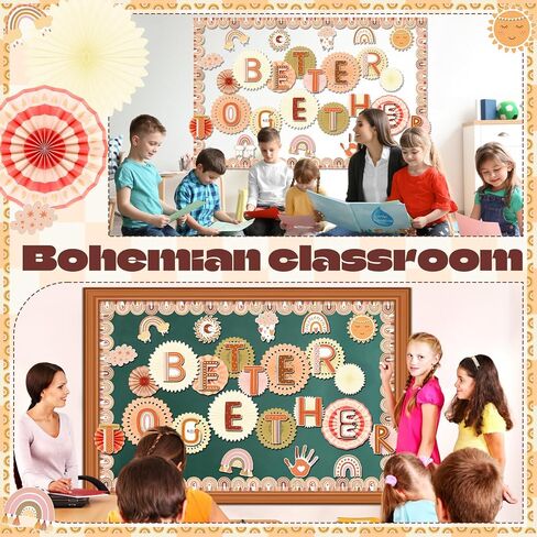 Qilery 64 Pcs Boho Diversity Bulletin Board Decorations Together Bulletin Board Cutouts Paper Fans Rainbow Border Growth Mindset Bulletin Board for Back to School Diversity Classroom Decoration in Saudi Arabia