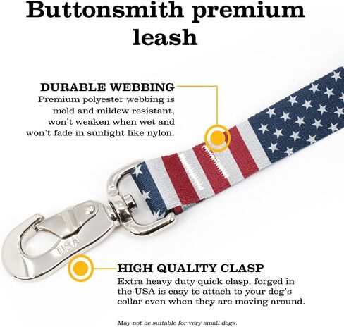 Buttonsmith Old Glory Dog Leash - Fadeproof Permanently Bonded Printing, Extra Heavy Duty Quick Clasp - Made in The USA in Saudi Arabia