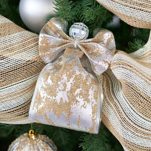 4 Inch Christmas Wired Ribbon, 4'' x 10 Yds (30 Feet), Metallic Silver, Burlap Ribbon, Extra Wide Xmas Wired Edged Ribbon for Tree Skirt, Staircase Decoration, Topper Bow in Saudi Arabia