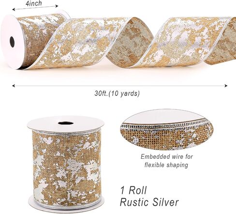 4 Inch Christmas Wired Ribbon, 4'' x 10 Yds (30 Feet), Metallic Silver, Burlap Ribbon, Extra Wide Xmas Wired Edged Ribbon for Tree Skirt, Staircase Decoration, Topper Bow in Saudi Arabia