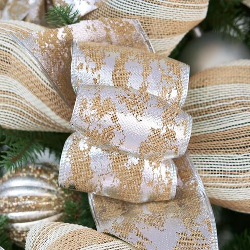 4 Inch Christmas Wired Ribbon, 4'' x 10 Yds (30 Feet), Metallic Silver, Burlap Ribbon, Extra Wide Xmas Wired Edged Ribbon for Tree Skirt, Staircase Decoration, Topper Bow in Saudi Arabia