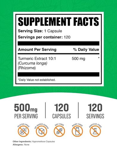 BulkSupplements.com Turmeric 500mg Extract Capsules - Curcumin Supplements, Turmeric Curcumin Capsules - Gluten Free, 1 Capsule per Serving, 120 Veg Capsules (Pack of 1) in Saudi Arabia