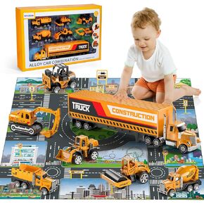 Construction Toys for 3 4 5 6 Years Old Boys Girls Kids, Die Cast Metal Truck Toys W/Play Mat, Sand Toys Trucks Excavator, Dump Truck, Road Roller, Cement Mixer, Car Toys Set for Kids Toddler
