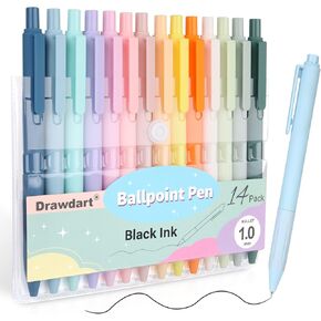 14-Pack Pastel Ballpoint Pens, Medium 1.0mm Black Ink, Retractable - For Smooth Writing and Journaling