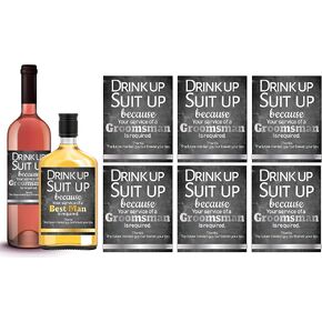 Suit Up Groomsmen Proposal Gold and Silver Foil Stamped Bottle Stickers - 1 Best Man Label and 6 Groomsmen Labels, Will You Be My Groomsman Proposal Gift Set, Waterproof (7 Piece)