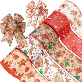 5Rolls 25 Yards Christmas Wired Edge Ribbon 2.5 Inch Gingerbread Man Candy Buffalo Plaid Pattern Burlap Ribbon for Xmas Party Winter Holidays Craft Supplies