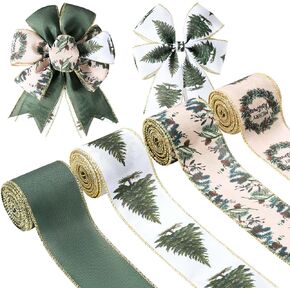 4Rolls 20 Yards Christmas Wired Edge Ribbon Watercolor Green Forest Tree Pine Cone Burlap Ribbon Green with Gold Glitter Christmas Ribbon for Gift Wrapping Bow Wreath Making Craft Supplies