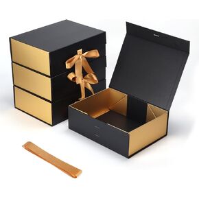 4 Pack 12x9x4 Inches Gift Boxes with Magnetic Closure Lids, Black-Gold Magnetic Box with Ribbon for Wedding, Groomsmen Bridesmaid Proposal, Birthdays, Mother's Day