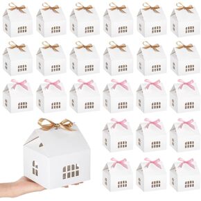 OMISTAR House Shaped Gift Boxes - 50 Pcs House Shaped Paper Bakery Packaging Candy Box With Gold & Pink Ribbons Cardboard Treat Boxes For Present Giving, Candy Boxes For Bridal Shower, Party