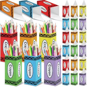 18 Pcs Back to School Crayon Candy Boxes Popcorn Holders Teacher Student Gift Bags Crayon Pencil Paper Boxes Party Favors Welcome Back to School Treat Boxes for Thanks Teacher Classroom Decorations