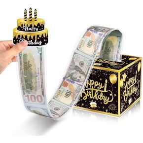 H&W Birthday Money Box for Cash Gift Pull,Black Gold Surprise Box Gift Box for Money,Money Gift Box with 30Pcs Transparent Bags,Funny Ways to Give Money as a Gift