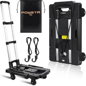 Folding Hand Truck,290LBS Heavy Duty Foldable Dolly Cart,Foldable Platform Truck with 5 Wheels & 2 built-in fixed elastic cords,3-Stage Adjustable Handle Luggage Cart for Travel,Moving,Shopping