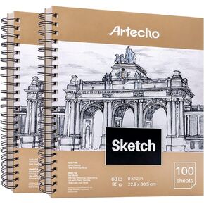 Artecho Sketch Book 9 x 12 Inch, 100 Sheets 90gsm, Pack of 2, Spiral Sketchbook, Hardcover Sketchbook, Acid Free Sketch Paper, Sketch Pad, Sketchbook for Drawing