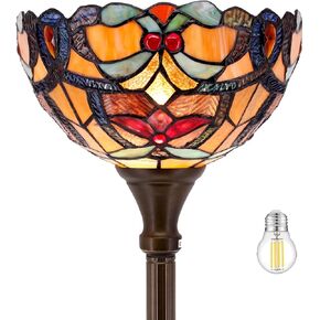 WERFACTORY Tiffany Floor Lamp Orange Liaison Stained Glass Light 12X12X66 Inches Pole Torchiere Standing Corner Torch Uplight Decor Bedroom Living Room Home Office S617 Series