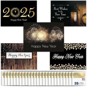 New Years Cards for Business & Family (Variety Pack - Gold) Bulk Greeting Card Set Pack of 25 Happy New Year Cards with Envelopes for 2025 (5x7 inch) Great for Office, Work Employees & Clients VP1505