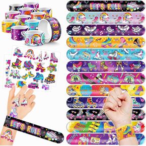 48PCS Roller Skate Party Favors 24PCS Tattoos 24PCS Slap Bracelets Wristbands Themed Birthdays Party Supplies Decorations Decor Centerpiece Sneaker Retro 60s 80s Pattern Girls Boys Gifts School