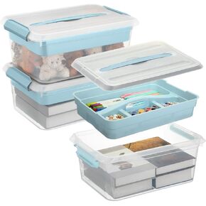 3 Pack Stack and Carry Box Clear Plastic Storage Container Stackable Home Utility Box with Removable Tray Multipurpose Bins with Handle Lid for Stationery Sewing Art Craft Supplies (Blue)