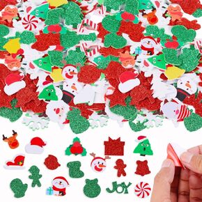 DIYASY 300 Pcs Christmas Glitter Foam Stickers, Holiday Stickers Kids Crafts Xmas Snowflake Felt Stickers Ornament Small 3D Puffy Sticker Stocking Decorations Party Supplies