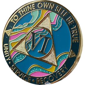 6 Year AA Medallion Elegant Marble Tahiti Teal Blue and Pink Gold Plated Chip
