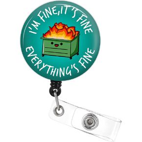 حامل بكرة شارة Plifal I'm Fine It's Fine قابل للسحب مع مشبك لبطاقة الهوية لاسم الممرضة وبطاقة تعريف مضحكة وطبيب التمريض والعمل الطبي والمكتب ومشبك التمساح (أخضر)