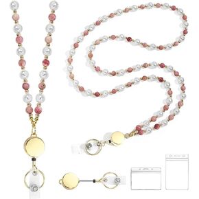 Retractable Pearl ID Badges and Key Lanyards, Natural Crystal Handmade Beaded Teacher Women's Lanyards