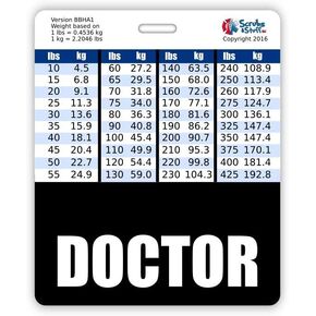 Doctor Badge Buddy أفقي مع مخططات تحويل الطول والوزن (كبيرة الحجم، أحمر)