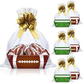6 Set 10 x 8 x 3.2 Football Baskets for Gifts Empty with Cellophane Wraps and Ribbons Bows Cardboard Basket Tray for Gift Packaging Christmas Birthday Game Football Themed Party Favors