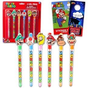 Super Mario School Supplies Gel Pen Set - 6 Pc Mario Gel Pens Party Favors Bundle for Kids, Women, and Men Plus Stickers, More | Super Mario Bros Pens for Kids, Mario School Supplies