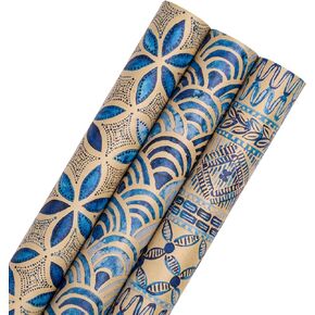 RUSPEPA Blue Wrapping Paper, 17 inches x 10 feet per Roll, Total of 3 Rolls, Kraft Wrapping Paper Rolls, Watercolor Indigo Blue Geometry Wrapping Paper for Birthday, Party and Holiday