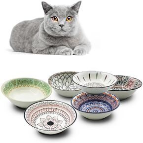 Cat Bowls for Indoor Cats, 6.2 Inches Ceramic Cat Food Bowl Whisker Friendly Cat Dishes for BFood and Water Kitten Bowl Set of 6 Colorful Cute Cat Feeding Bowls (B)