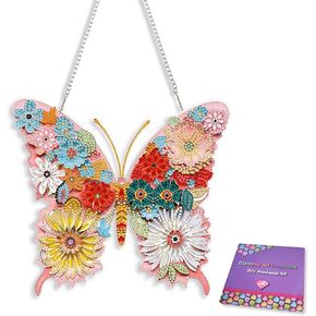 Hanging Diamond Art Painting Ornament Pink Butterfly, DIY Acrylic Diamonds Painting Pendant Kit for Adults(9.1x9.8inch)