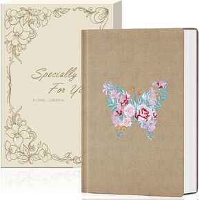 Embroidered Fabric Journal for Women A5 Hardcover College Ruled Notebook with Gift Box Butterfly Floral Journaling Notebooks for Writing, 5.7 x 8.3 In, Green