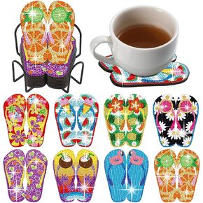 Shellwei 8 Pcs Flip Flop Diamond Art Coasters Summer Hawaii Tropical Beach Diamond Painting Coasters with Holder for Crafts Gift Beginner Adults Party