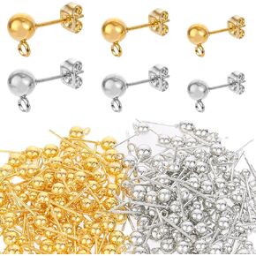 210 Pcs Ball Post Earring Stud with 240 Pieces Butterfly Ear Backs, 4 mm 5 mm 6 mm Round Ball Earring Studs with Ring for DIY Jewelry Making Gold and Silver
