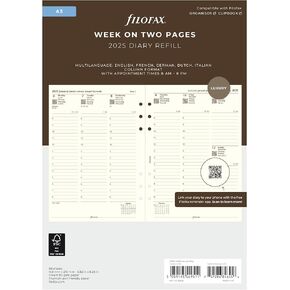 Filofax Calendar Diary Refill, A5 Size, Week-to-View with Appointments, Cotton Cream Paper, Multilingual: Five Languages, 2025 (C68513-25)