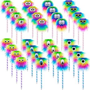 32 Pieces Rainbow Fluffy Monster Pens Cute Fun Pen for Monster Party Favors School Office Birthday Carnival Party Favor Supply